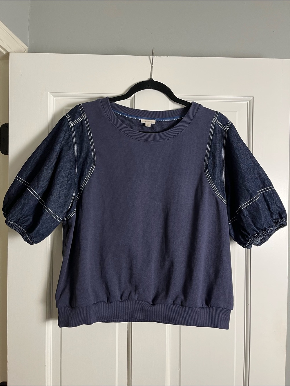 Anthropologie PILCRO Twofer Sweatshirt with Denim Puff Sleeves & White Stitching - Picture 2 of 9